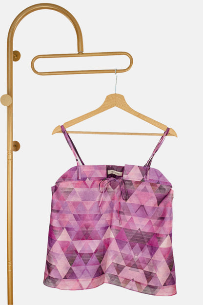 Geometric Strappy Top in Pure Tussar Silk with Tie-Front Detail