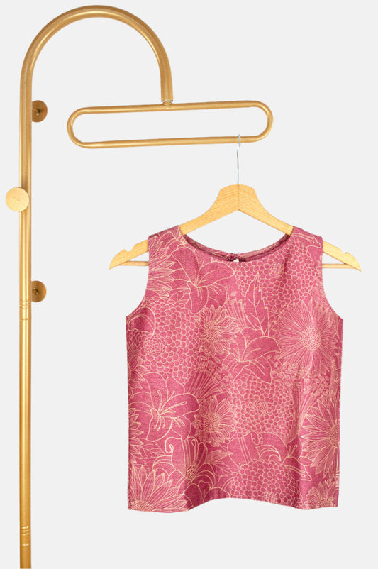 STOVARIA floral sleeveless top in pure tussar silk with soft lining and gold print