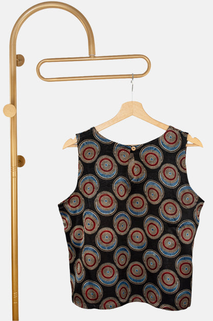 Sleeveless Circular Print Top in Mashru Silk with Natural Shine