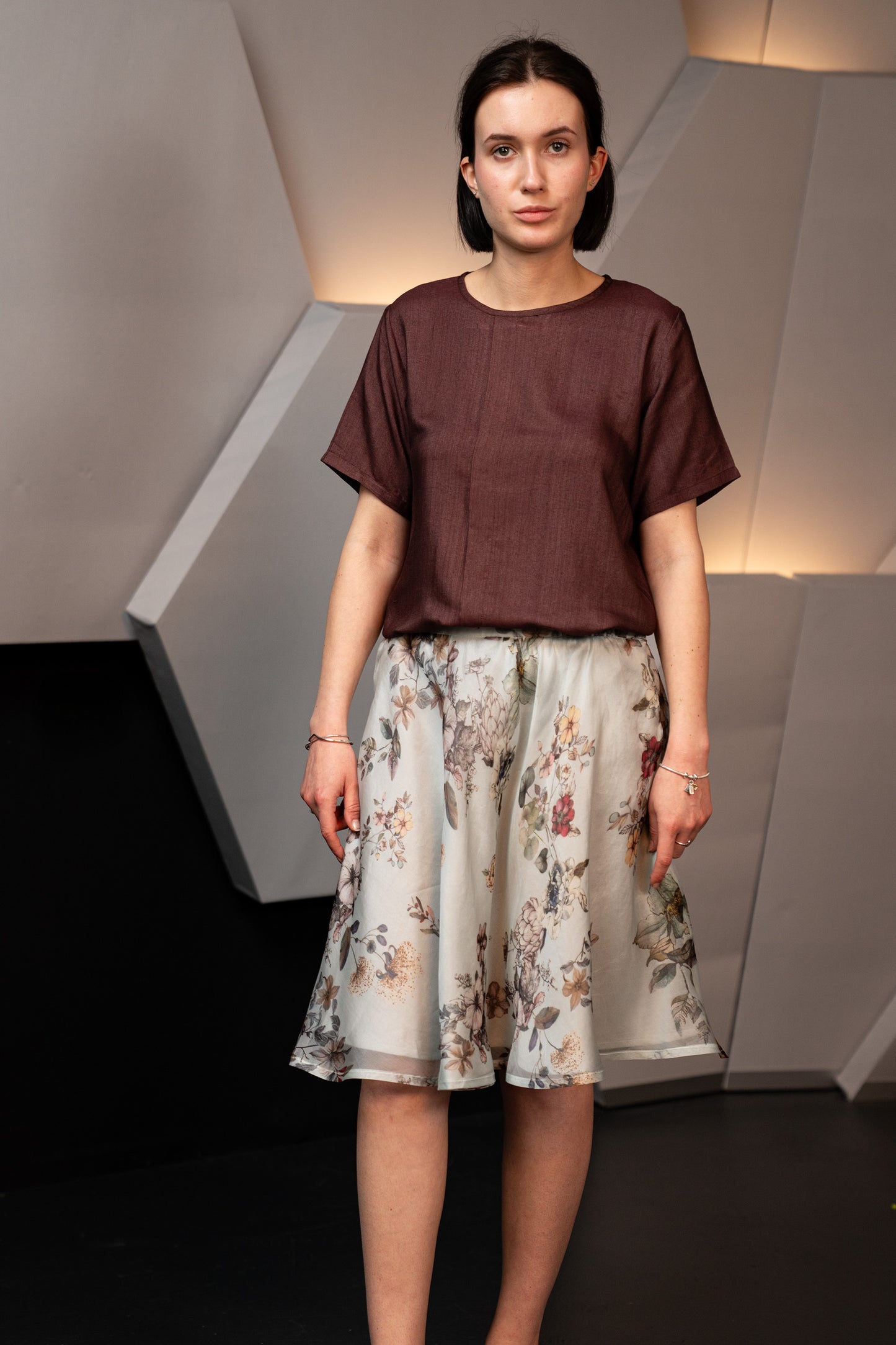 Silk Cotton Blend Elegant Relaxed Fit Blouse in Chocolate Brown