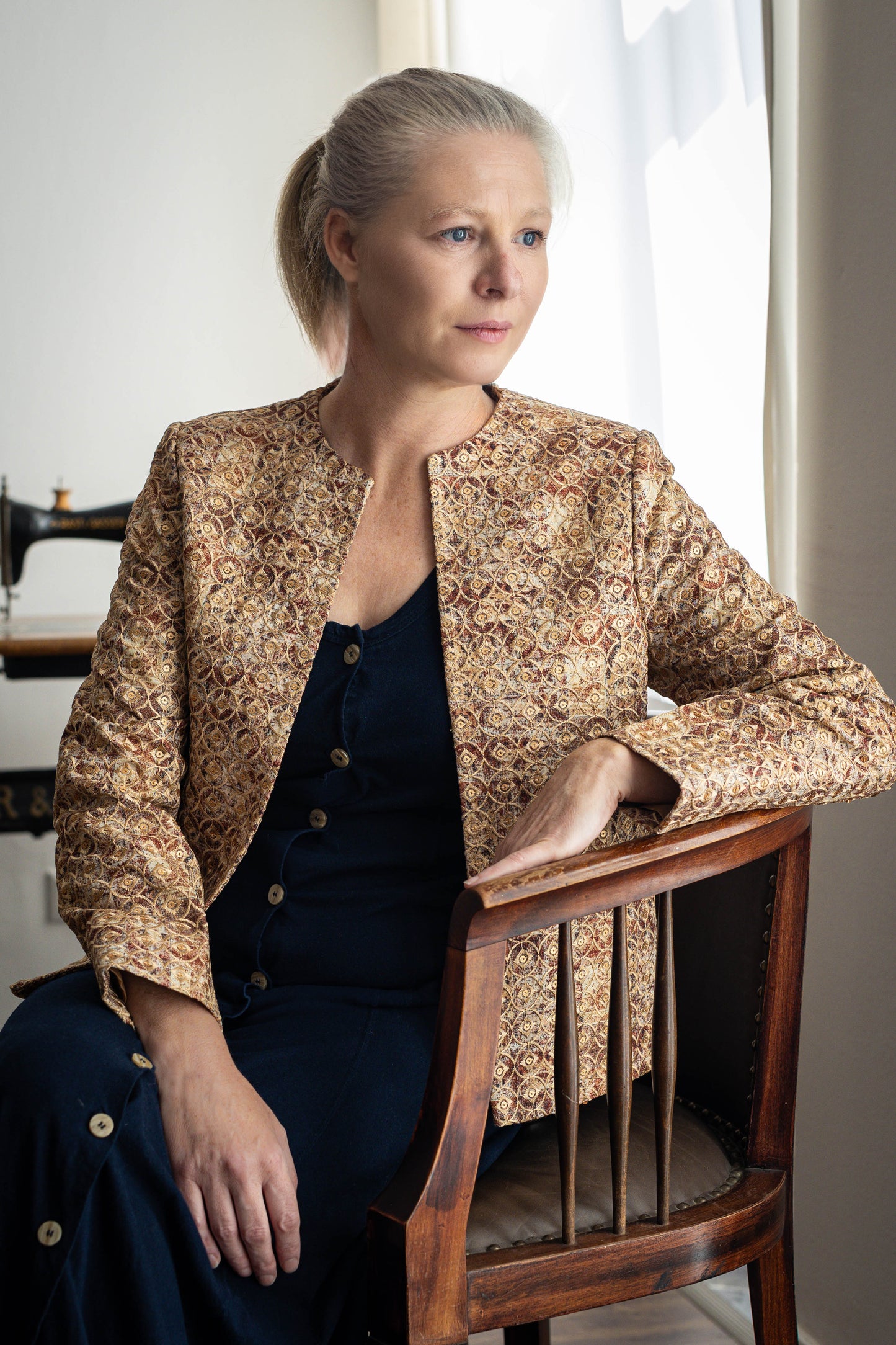 Golden Jacquard Jacket – A Regal Weave of Silk Tapestry