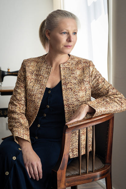 Golden Jacquard Jacket – A Regal Weave of Silk Tapestry
