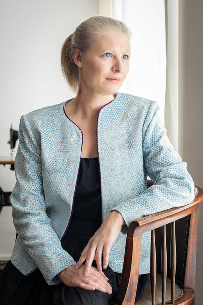 Blue Velvet Jacket – Embroidered Statement in Plush Texture