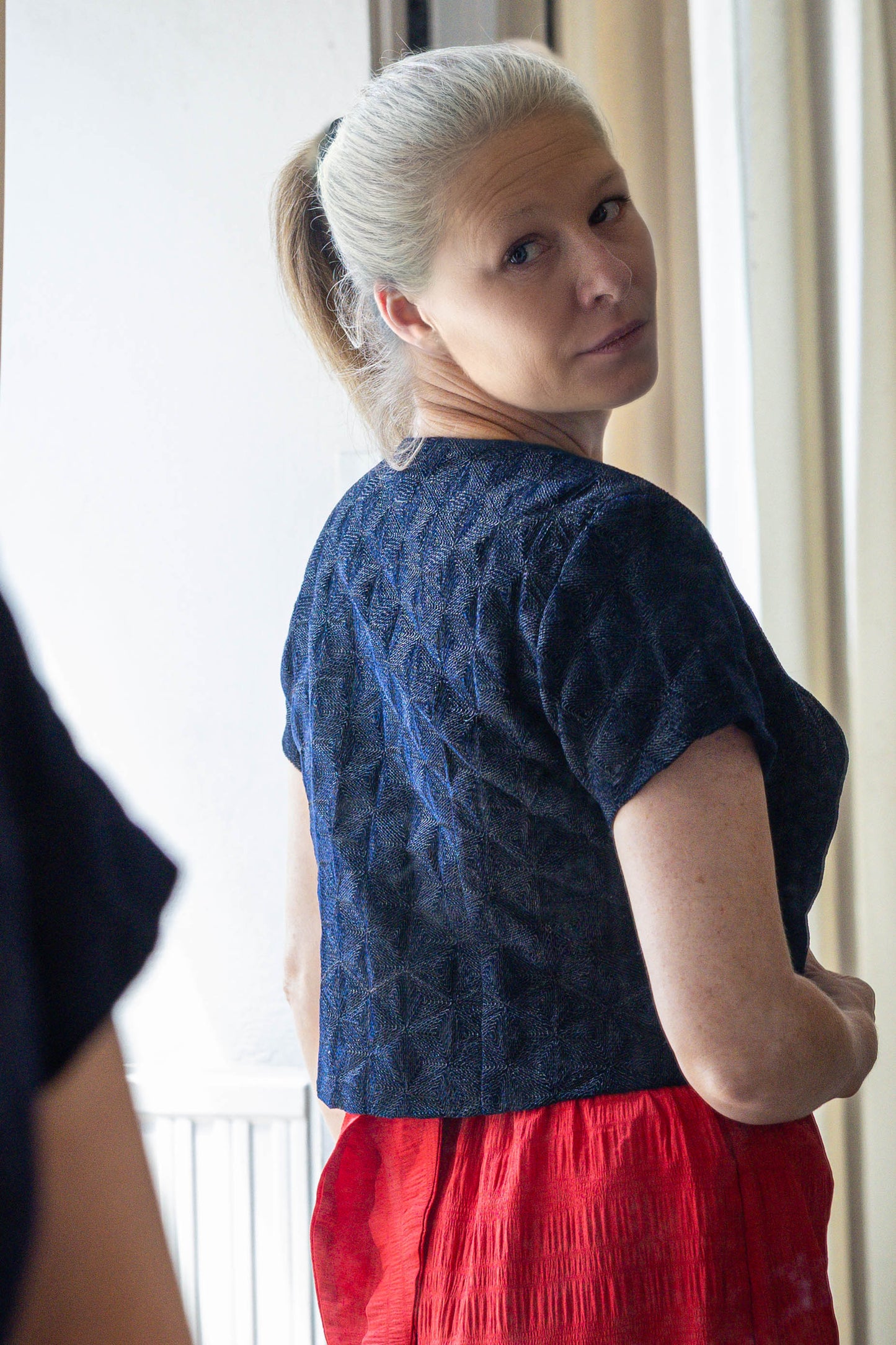 Velvet Navy Blue Crop Coat with Metallic Thread Embroidery