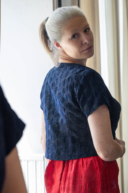 Velvet Navy Blue Crop Coat with Metallic Thread Embroidery