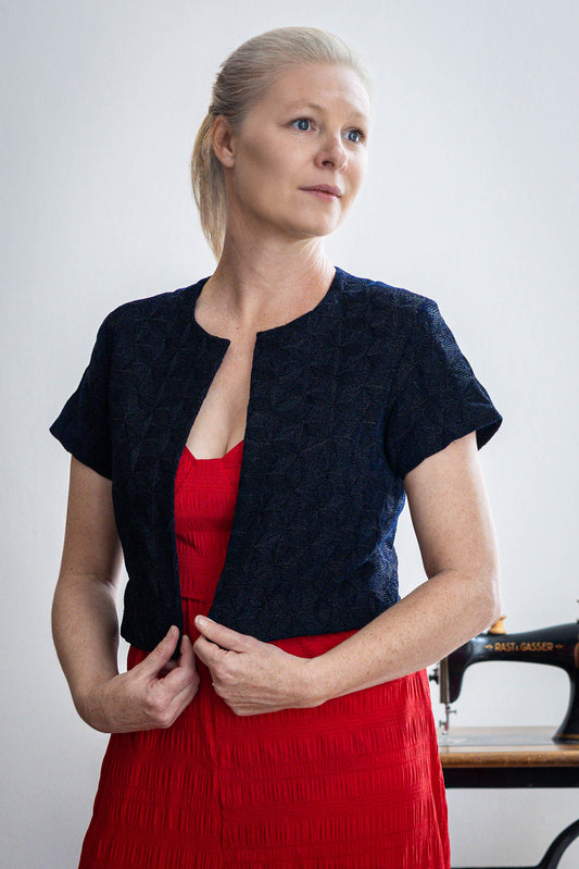 Navy velvet crop coat with metallic embroidery details