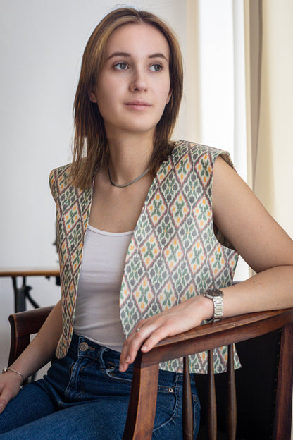 Handwoven Ikat Silk Vest – Bold Pattern, Effortless Charm