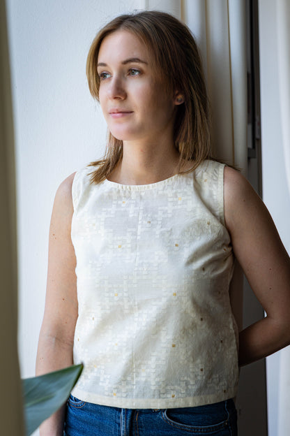 Textured Sleeveless Top in Pure Cotton with Gold Accents