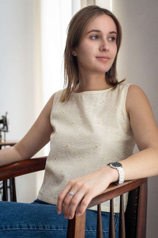 STOVARIA cotton sleeveless top with hand-placed gold details