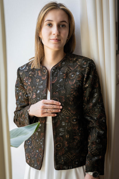Model wearing handcrafted Aari embroidered jacket in pure silk – STOVARIA