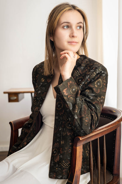 Model wearing handcrafted Aari embroidered jacket in pure silk – STOVARIA