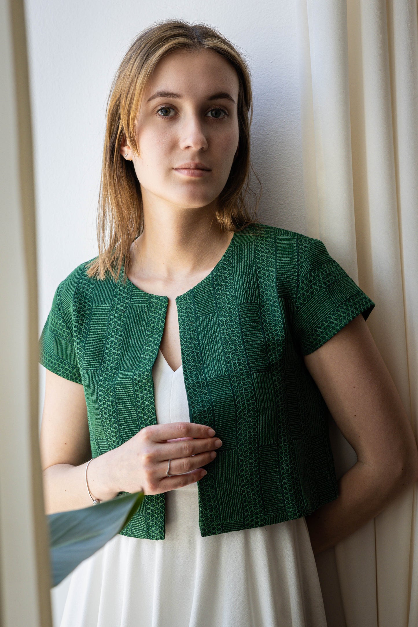 Green Pure Silk Cropped Coat with Self Thread Embroidery