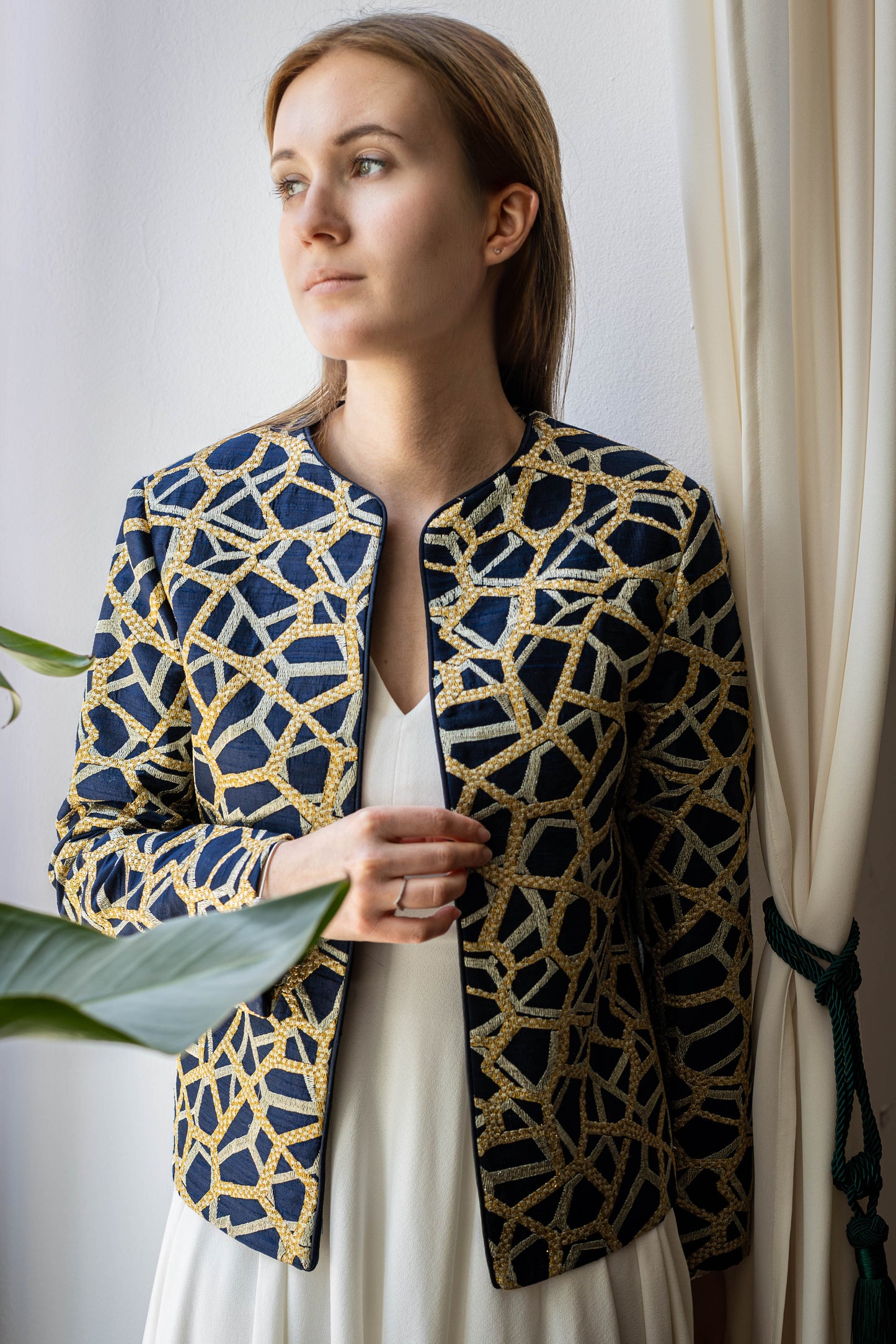 Midnight Mosaic Jacket – Gold & Silver Embroidery on Pure Silk