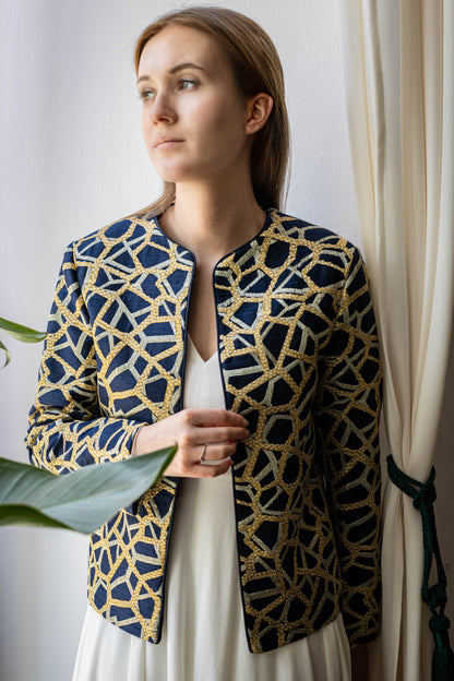 Midnight Mosaic Jacket – Gold & Silver Embroidery on Pure Silk