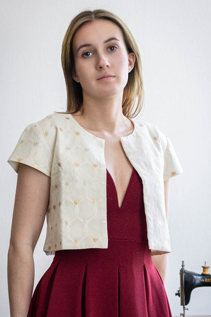 Pure Cotton Cropped Coat with Gold Thread Embroidery