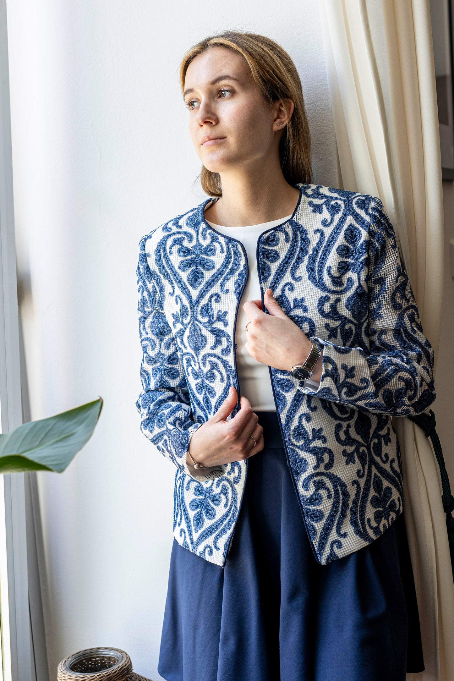Sheer Ivory Jacket – Indigo Embroidery in Lightweight Layers