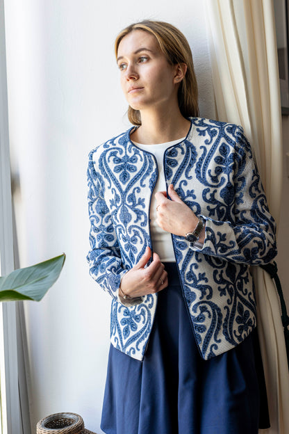 Sheer Ivory Jacket – Indigo Embroidery in Lightweight Layers