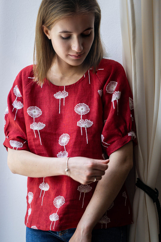 STOVARIA dandelion linen top with soft pleats and hand embroidery