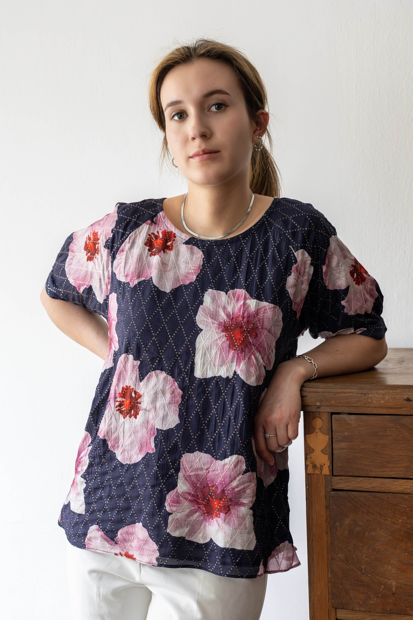Mulmul Silk Top – Soft Floral Print with Zari Stitch Detail