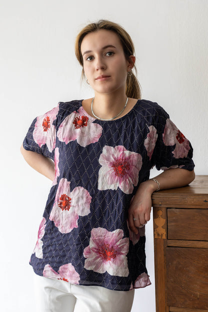 Mulmul Silk Top – Soft Floral Print with Zari Stitch Detail