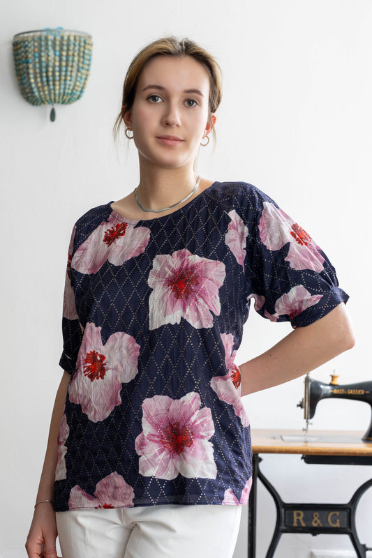 STOVARIA floral top in pure Mulmul silk with hand-done zari stitches and raglan sleeves