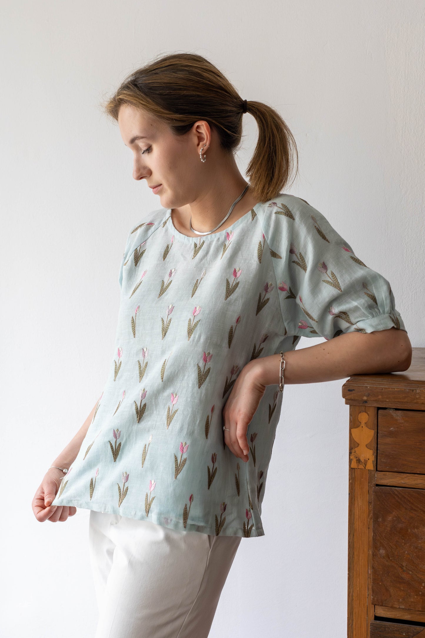 Tulip Embroidered Pure Linen Top – Soft Blue Summer Bloom