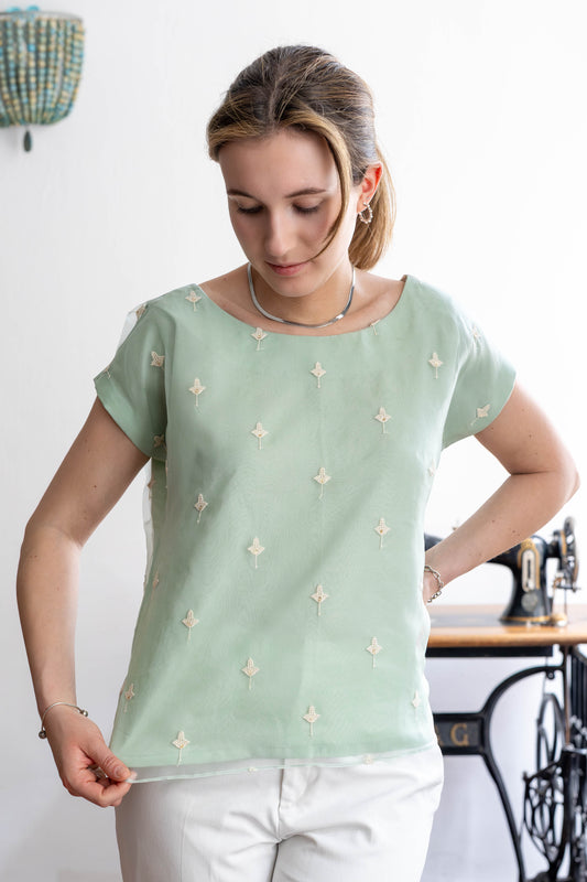 STOVARIA mint green organza silk blouse with white floral embroidery and soft crepe lining