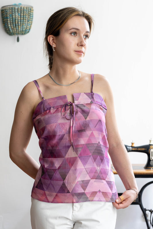 STOVARIA geometric tussar silk top with tie-front and sculpted straps