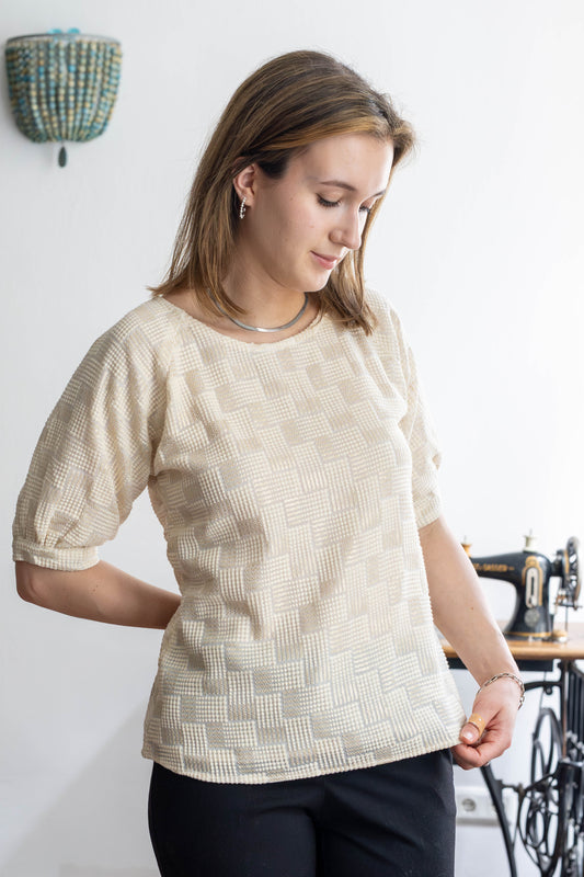 ff-white georgette top with woven square texture worn by model