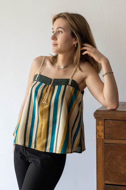 Striped Strappy Top in Cotton–Raw Silk Blend with Contrast Yoke