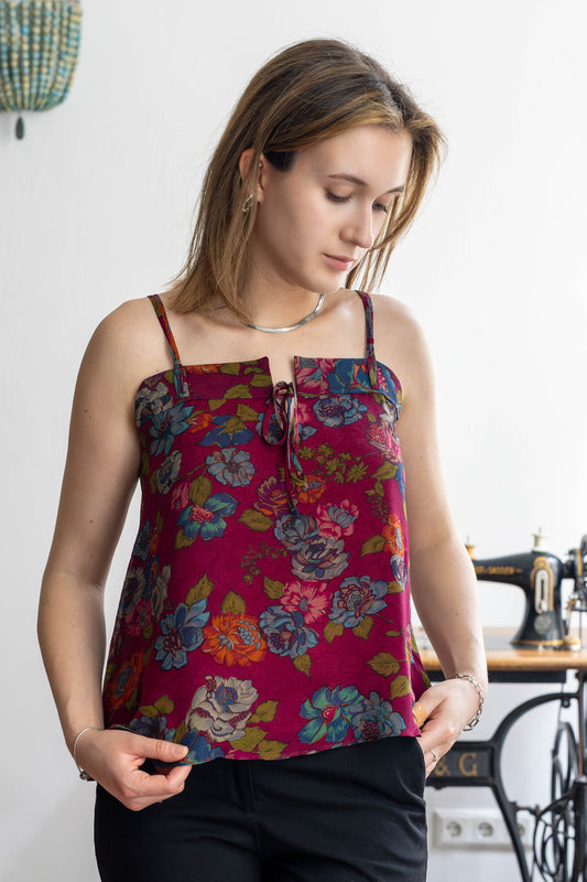 STOVARIA crepe silk strappy top with magenta floral print and tie front
