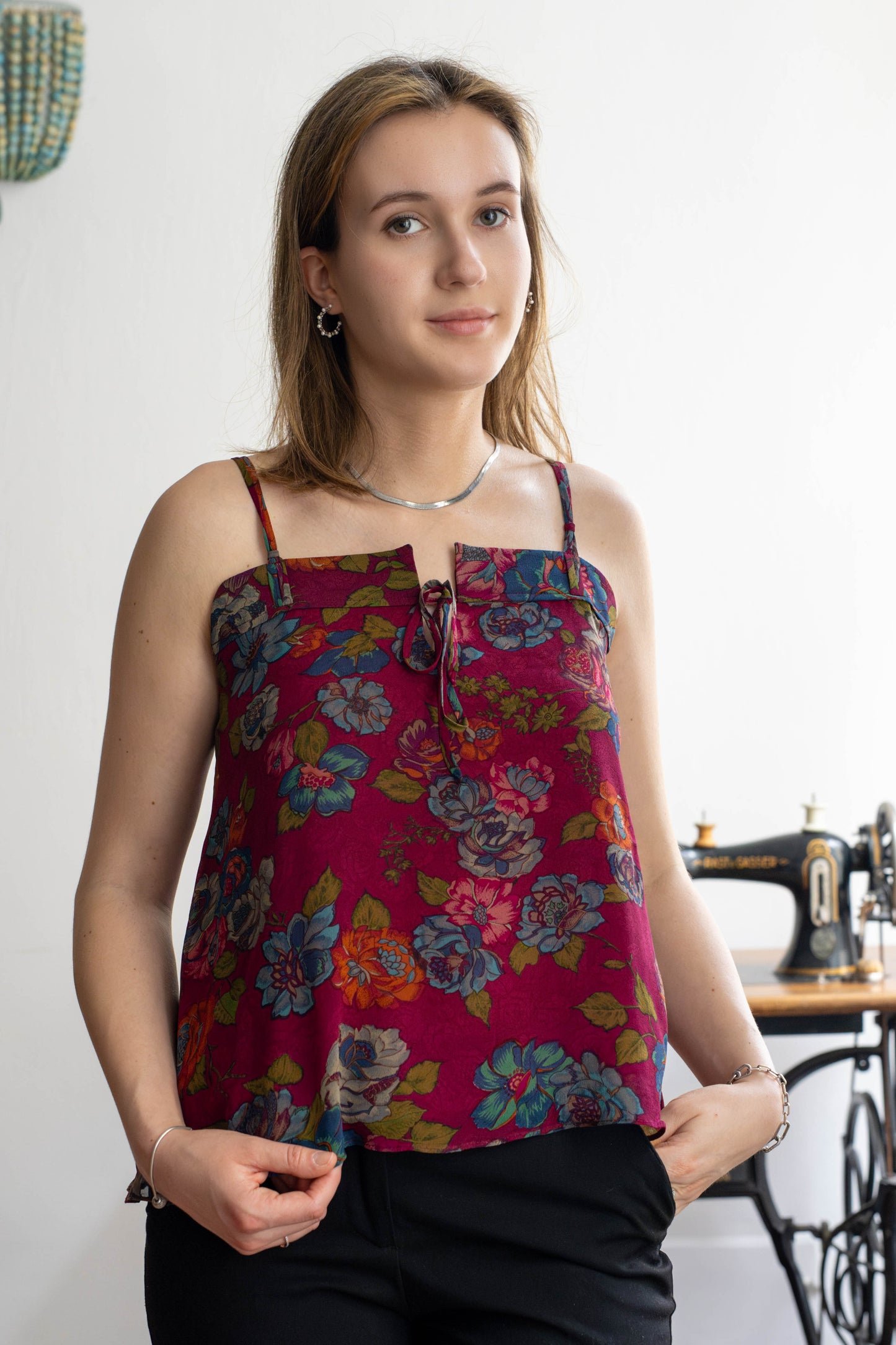 Pure Crepe Silk Floral Strappy Top with Front Tie Detail