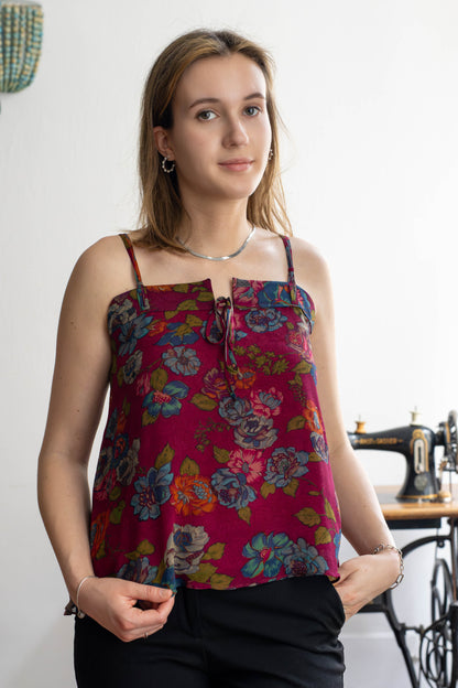 Pure Crepe Silk Floral Strappy Top with Front Tie Detail