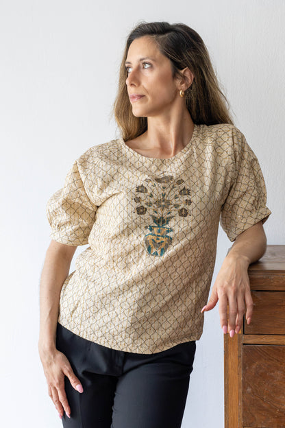 Golden Bloom pure Cotton Top with gold zari embroidery