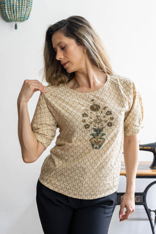STOVARIA golden cotton top with floral handprint and gold zari embroidery