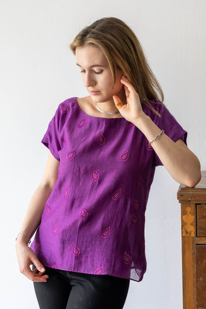 Purple Chanderi Silk Top with Booti Embroidery