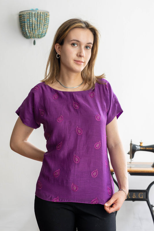 Purple Chanderi silk blouse with intricate booti embroidery