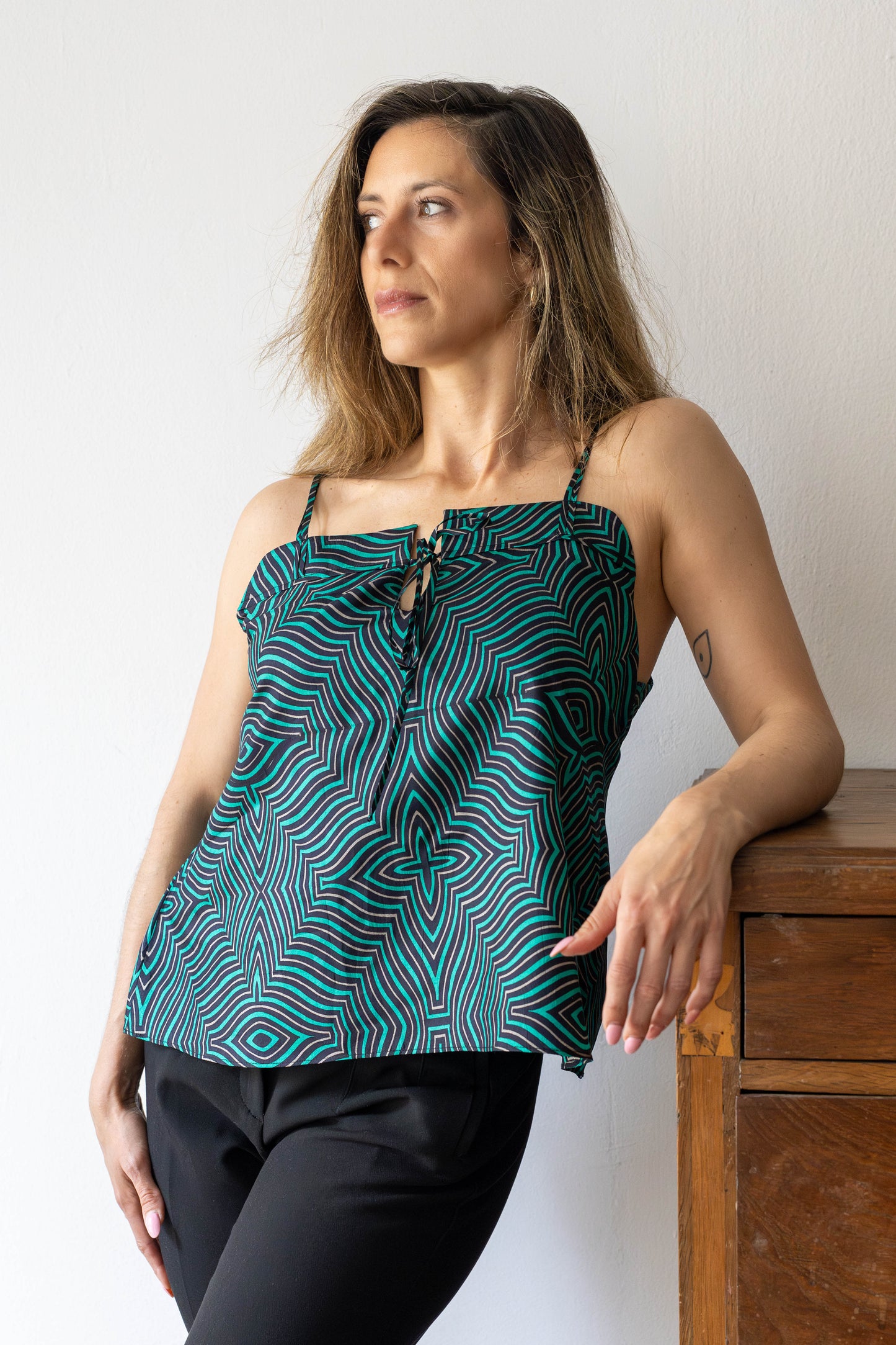 Optical Stripe Strappy Top in 100% Pure Silk with Tie Front
