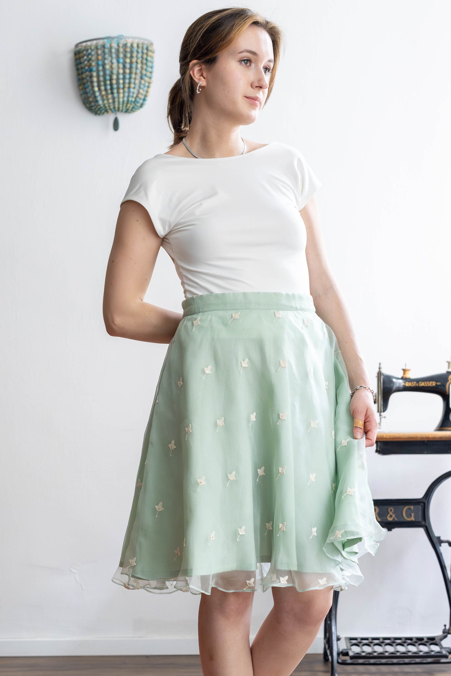 Pure organza silk skirt in light green with elastic waist