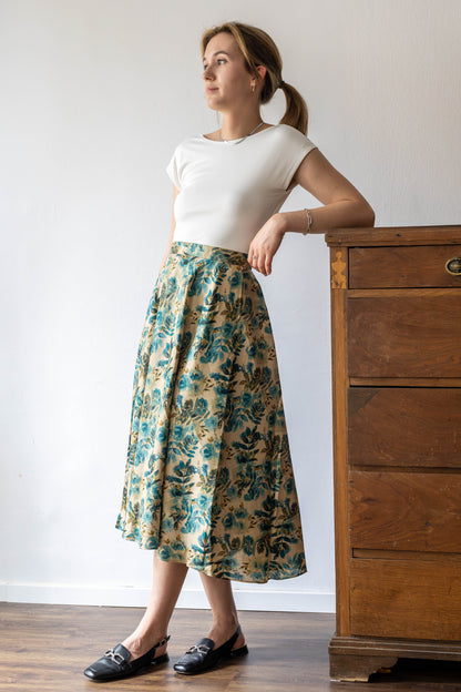 Raw Silk & Cotton Blend Ankle Length Skirt in Teal Floral
