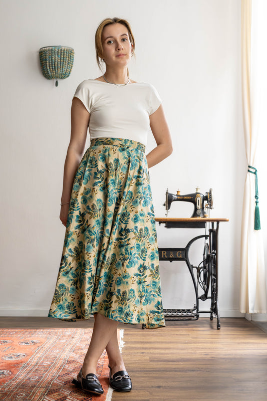 Teal floral raw silk blend ankle skirt on model