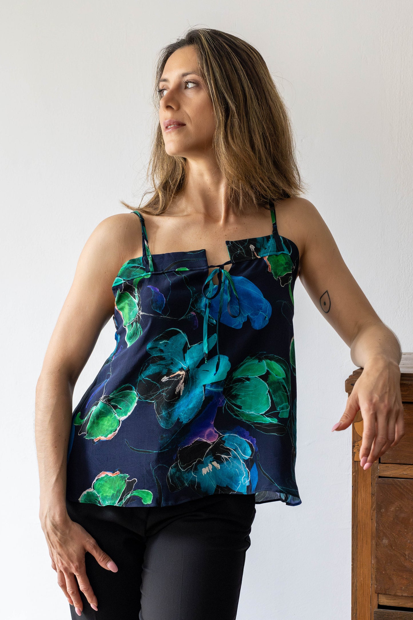 Elegant Blue Floral Silk Top – 100% Crepe Silk Strappy Summer Blouse | One of a Kind