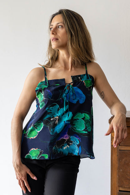 Elegant Blue Floral Silk Top – 100% Crepe Silk Strappy Summer Blouse | One of a Kind