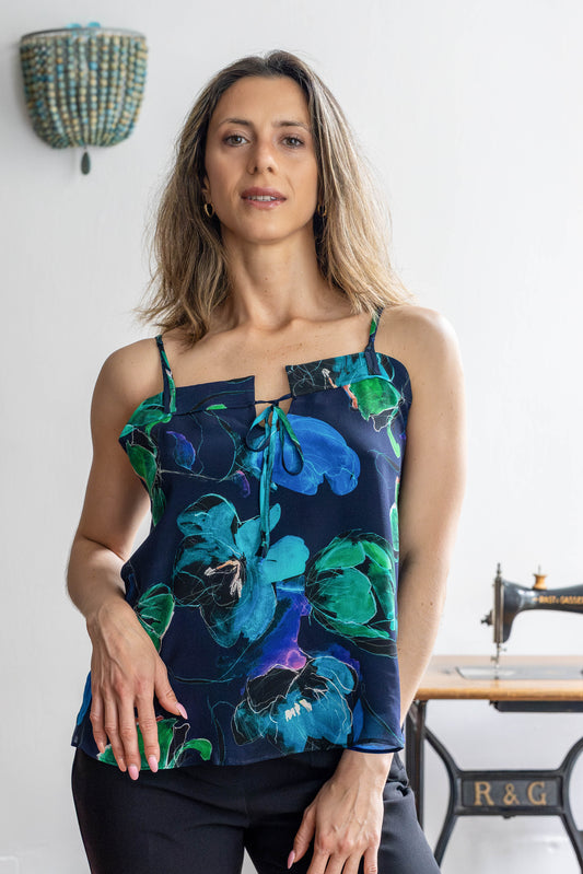 STOVARIA navy crepe silk top with floral print and sculpted tie straps