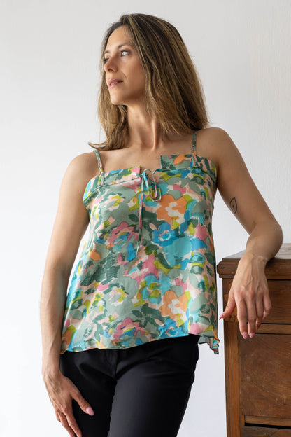 Pastel Floral Strappy Top in Pure Crepe Silk with Sculpted Neckline