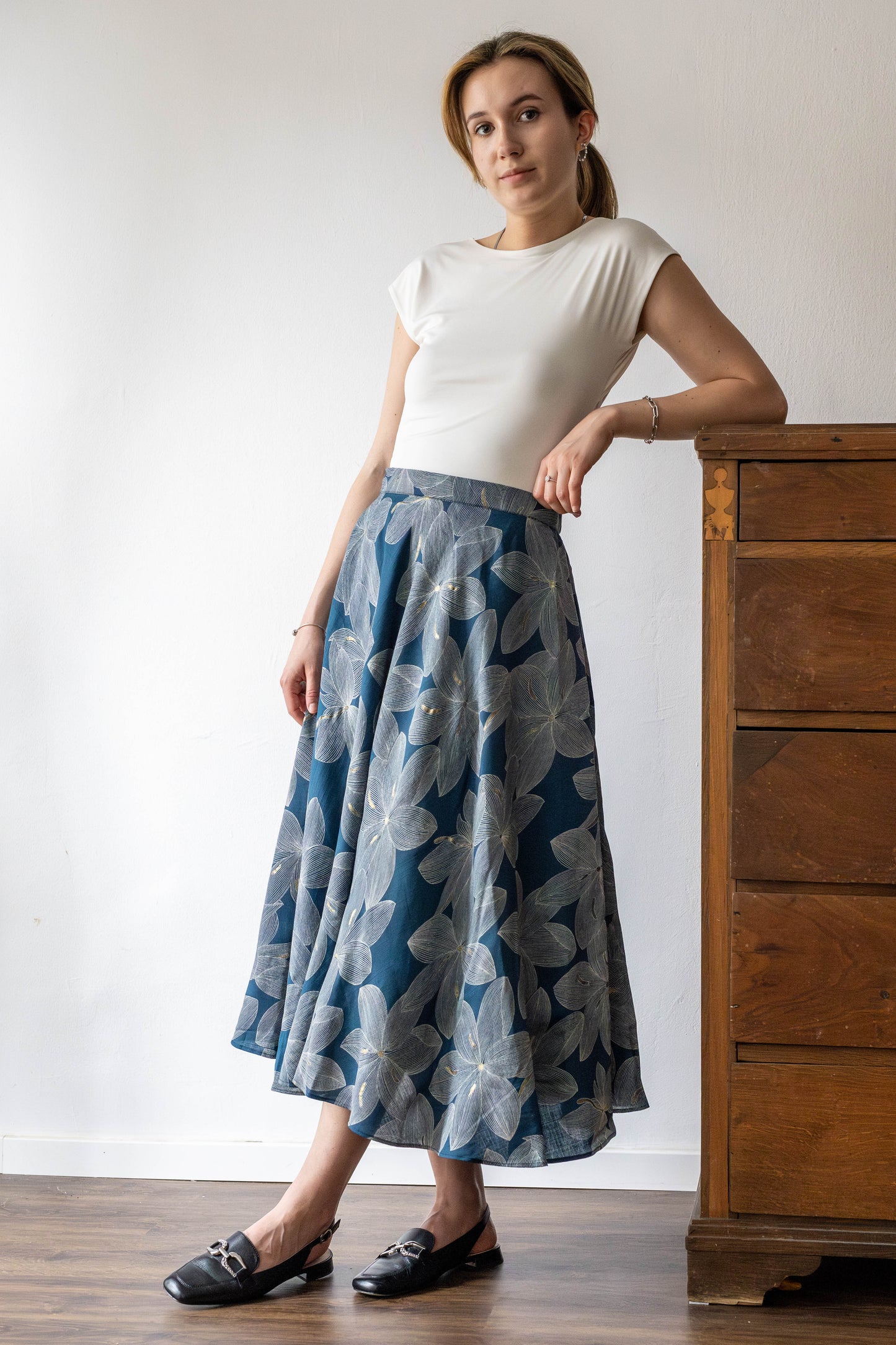 Ankle-Length Cotton Skirt – Bold Botanicals on Deep Blue