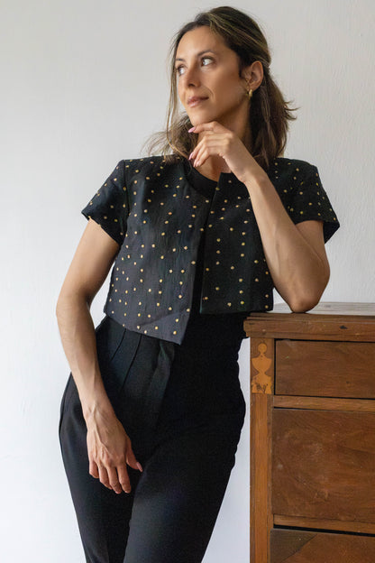 Linen Cropped Coat with Pearl Hand Embroidery