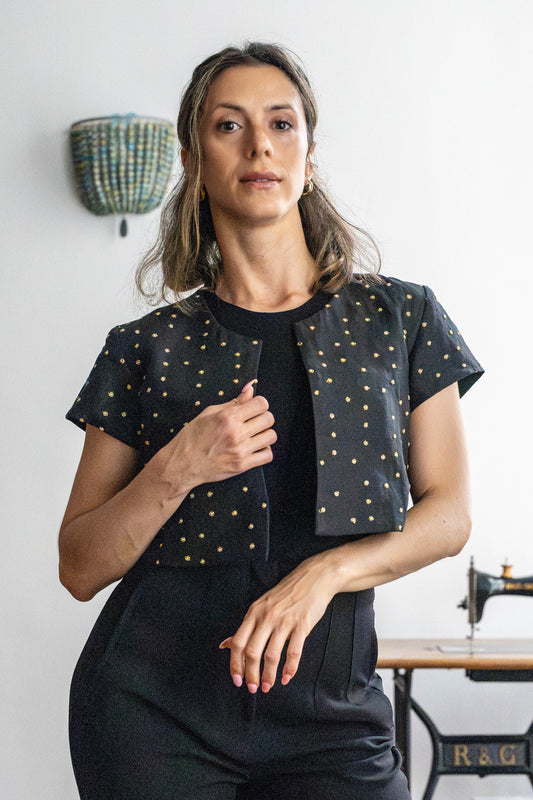 Linen cropped coat with pearl embroidery detail