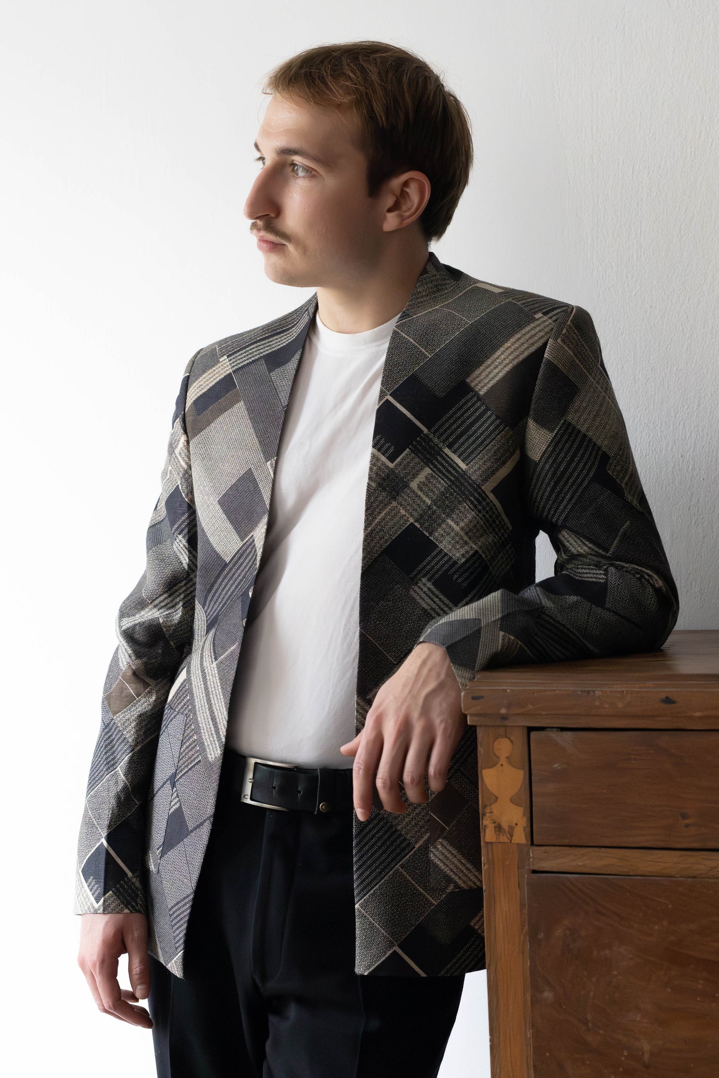 Unisex Lapel-Free Blazer in Pure Tussar Silk with Graphic Checks
