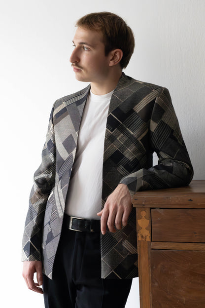 Unisex Lapel-Free Blazer in Pure Tussar Silk with Graphic Checks